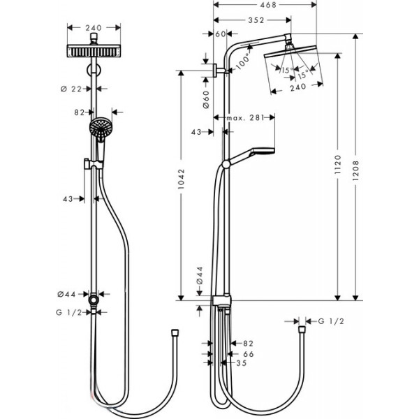 Душевая система Hansgrohe Crometta E Showerpipe 240 1jet EcoSmart 9л/мин Reno без смесителя, хром (27289000)
