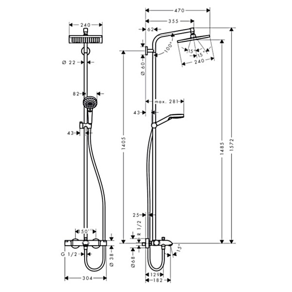 Душевая система Hansgrohe Crometta E Showerpipe 240 1jet для ванны с термостатом, хром (27298000)