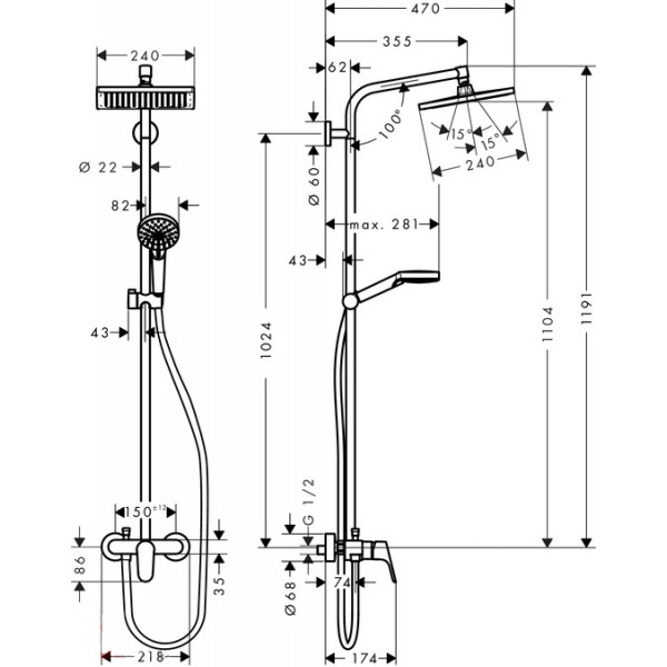 Душевая система Hansgrohe Crometta E Showerpipe 240 1jet с смесителем, хром (27284000)