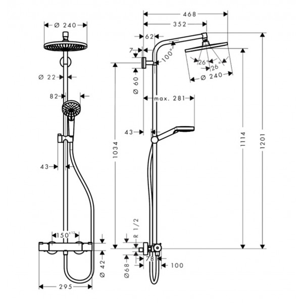 Душевая система Hansgrohe Crometta S Showerpipe 240 1jet EcoSmart с термостатом: 9л/мин, хром (27268000)