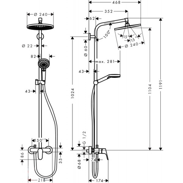 Душевая система Hansgrohe Crometta S Showerpipe 240 1jet с смесителем, хром (27269000)