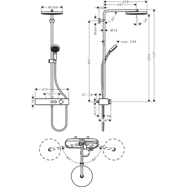 Душевая система Hansgrohe Pulsify S Showerpipe 260 1jet 400, хром (24220000)