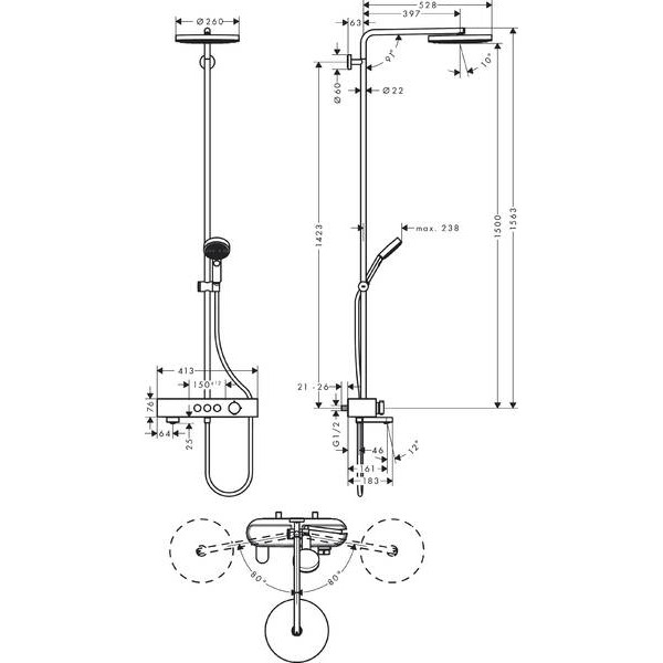 Душевая система Hansgrohe Pulsify S Showerpipe для ванны 260 1jet 400, хром (24230000)