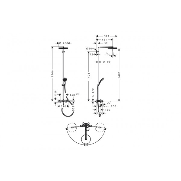 Душевая система Hansgrohe Pulsify S Puro Showerpipe для ванны 260 1jet EcoSmart с Ecostat Fine, хром (24232000)