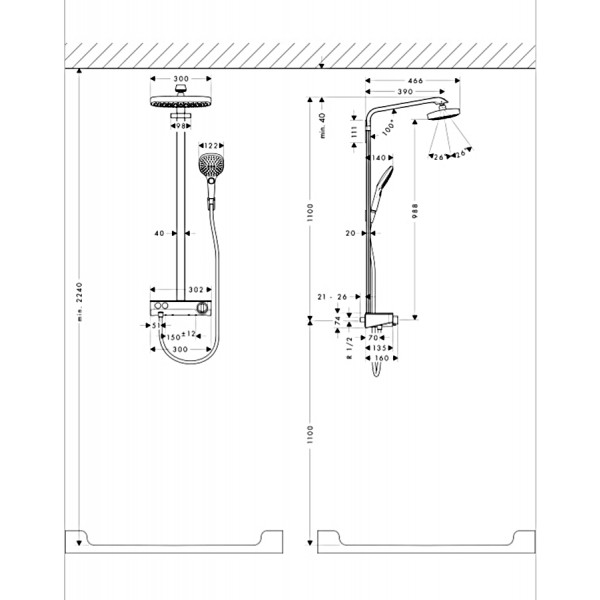 Душевая система Hansgrohe Raindance Select E 300 2jet ST с термостатом, Showerpipe EcoSmart, 9 л/мин, хром/белый (27283400)