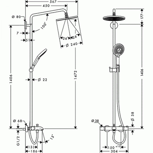 Душевая система Hansgrohe Raindance S Showerpipe 240 1Jet с термостатом для ванны, хром (27117000)