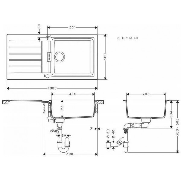 Кухонная мойка Hansgrohe S52 S52-F480, SilicaTec, 980x480 мм, серый камень