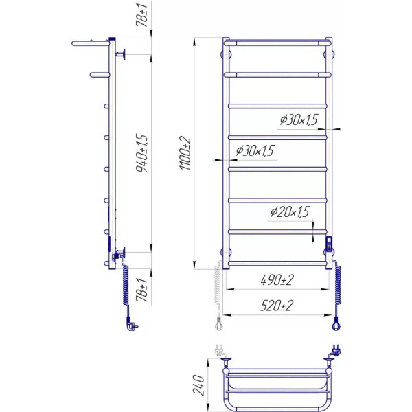Полотенцесушитель электрический Mario Hotel-I (2.3.6204.11.P), 1090x530x240 мм, с таймером-регулятором, нержавеющая сталь, хром