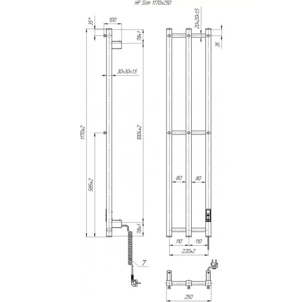 Полотенцесушитель электрический Hygge Family Slim (3.164.045613.BM), 1170x250x80 мм, с таймером-регулятором, сталь, черный матовый