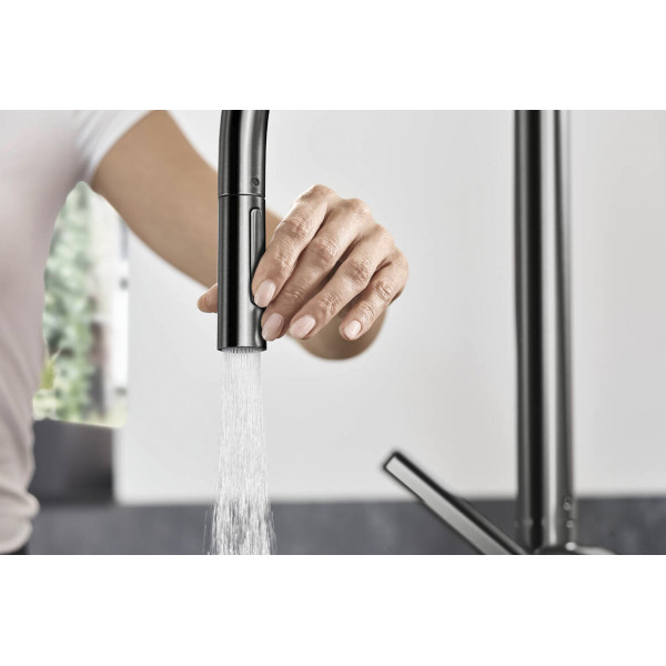 Смеситель Hansgrohe Talis 210 2jet кухонный с выдвижным изливом Sbox, черный хром шлифованный (72801340)