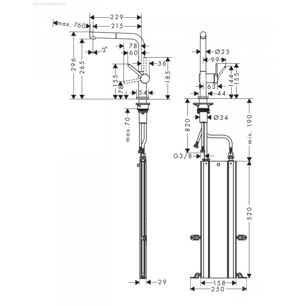 Смеситель Hansgrohe Talis 270 1jet кухонный с выдвижным изливом Sbox, черный хром шлифованный (72809340)