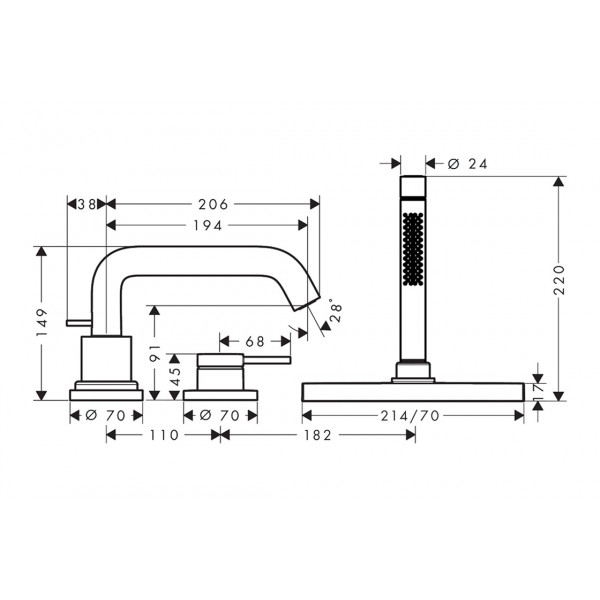Смеситель Hansgrohe Tecturis S врезной на край ванны на 3 отверстия с sBox, бронза шлифованная (73447140)