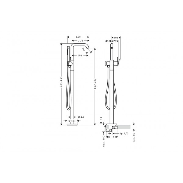 Смеситель Hansgrohe Tecturis S для ванны напольный, черный хром шлифованный (73440340)