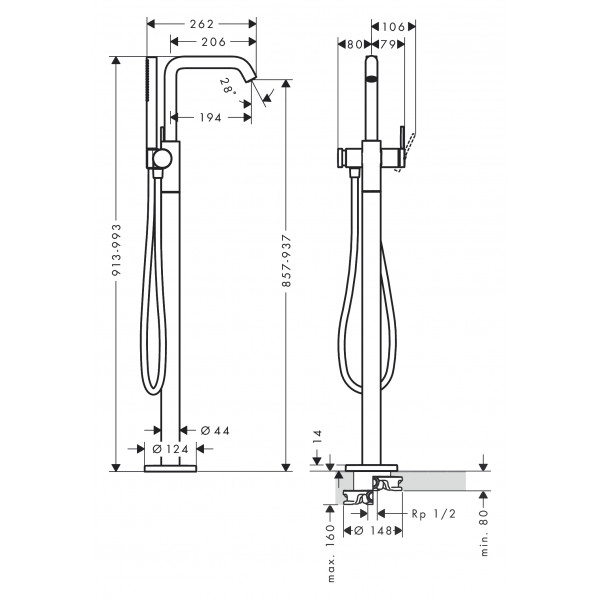Смеситель Hansgrohe Tecturis S для ванны напольный, бронза шлифованная (73440140)