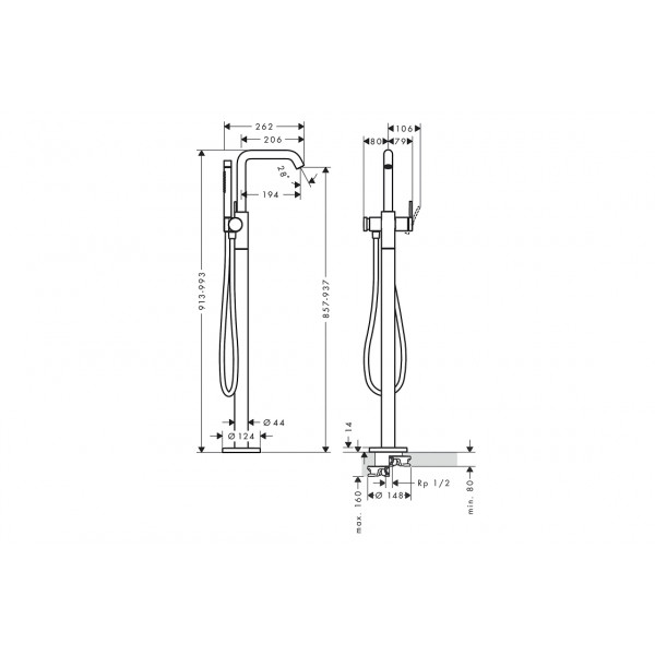 Смеситель Hansgrohe Tecturis S для ванны напольный, нержавеющая сталь (73440800)