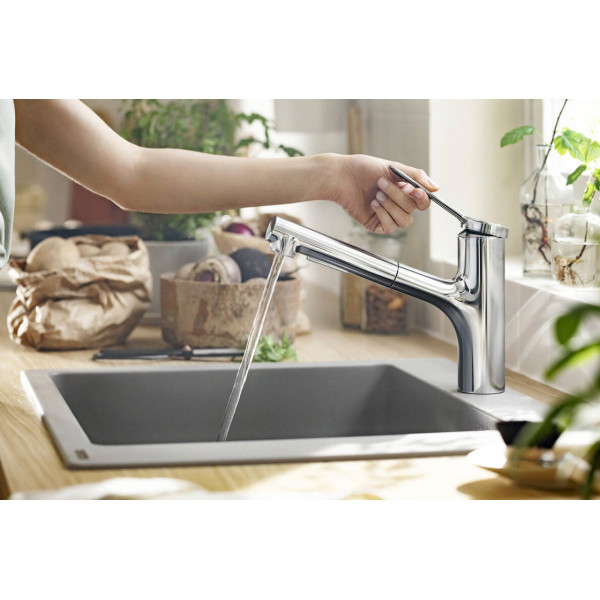 Смеситель Hansgrohe Zesis M33 150 2jet кухонный с выдвижным изливом, ECO, хром (74810000)