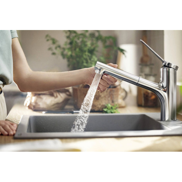 Смеситель Hansgrohe Zesis M33 150 2jet кухонный с выдвижным изливом, ECO, хром (74810000)