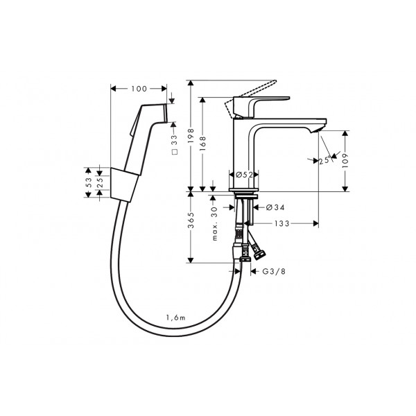 Смеситель Hansgrohe Rebris E 110 для умывальника с гигиеническим душем, хром (72216000)