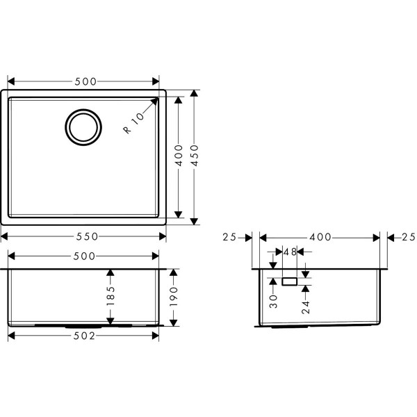 Кухонна мийка Hansgrohe S719-U500 під стільницю 550х450 сталь (43427800), нержавіюча сталь