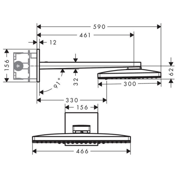 Верхній душ Hansgrohe Rainmaker Select 466х300 3jet з настінним кронштейном хром/білий (24007400)