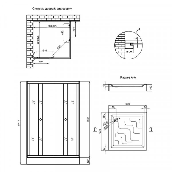 Набор Lidz душевая кабина Wawel SC90x90.SAT.LOW.GR, стекло тонированное 4 мм + поддон Mazur