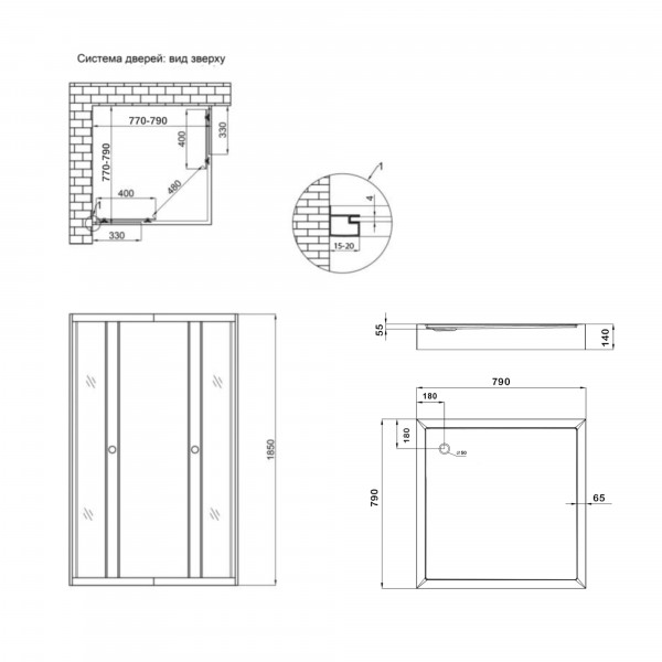 Душевая кабина Lidz Wawel SC80x80.SAT.LOW.GR, стекло тон. 4 мм + Lidz Душевой поддон KAPIELKA ST80x80х14