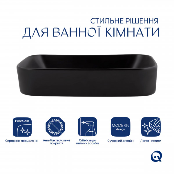 Раковина для ванной Комплект Qtap Scorpio: Раковина накладная прямоугольная 550х390х120 мм Matt Black + Донный клапан PU03