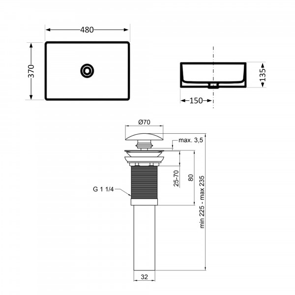 Раковина для ванной Комплект Qtap Tern: Раковина накладная прямоугольная 480х370х135 мм Matt Black + Донный клапан PU03