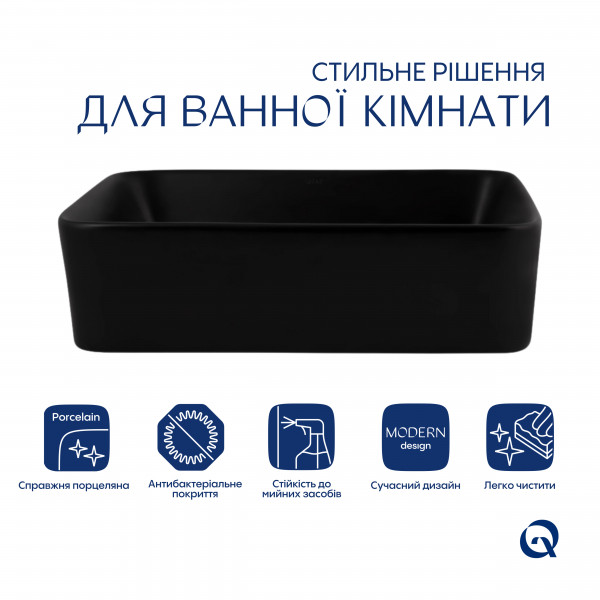 Раковина для ванной Комплект Qtap Tern: Раковина накладная прямоугольная 480х370х135 мм Matt Black + Донный клапан PU03
