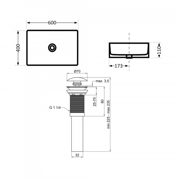 Раковина для ванной Комплект Qtap Tern: Раковина накладная прямоугольная 600x400x110 мм WHITE + Донный клапан PU02