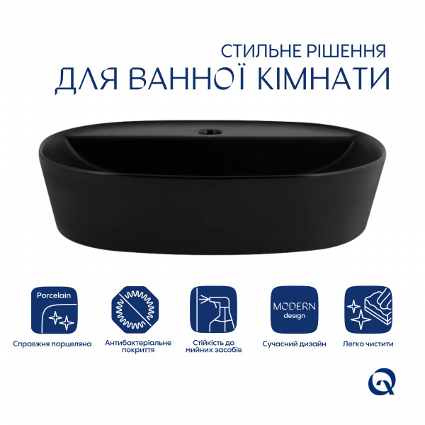 Раковина для ванной Комплект Qtap Scorpio: Раковина накладная овальная 500x380x120 мм Matt Black + Донный клапан PU03