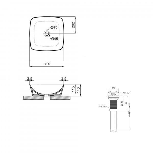 Раковина для ванной Комплект Qtap Kolibri: Раковина накладная 400x400x140 мм, White, квадратная + Донный клапан Pop-up PU02