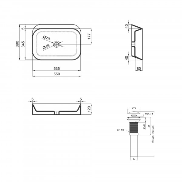 Раковина для ванной Комплект Qtap Scorpio: Раковина накладная 550x390x120 мм, White, прямоугольная + Донный клапан Pop-up PU02
