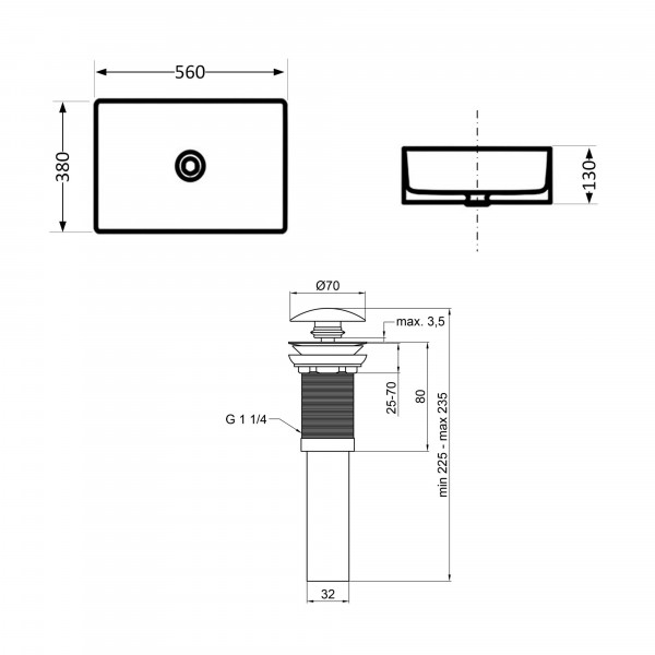 Раковина для ванной Комплект Qtap Virgo N: Раковина накладная 560x380x130 мм, White, прямоугольная + Донный клапан Pop-up PU02