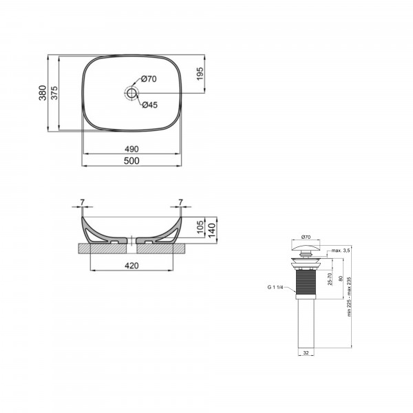 Раковина для ванной Комплект Qtap Cardinal: Раковина накладная 500×380×140 мм, White, овальная + Донный клапан Pop-up PU02