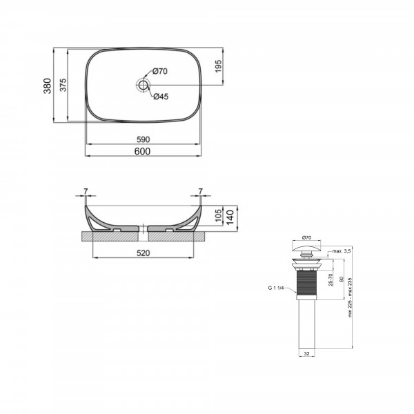 Раковина для ванной Комплект Qtap Cardinal: Раковина накладная 600x380x140 мм, White, овальная + Донный клапан Pop-up PU02