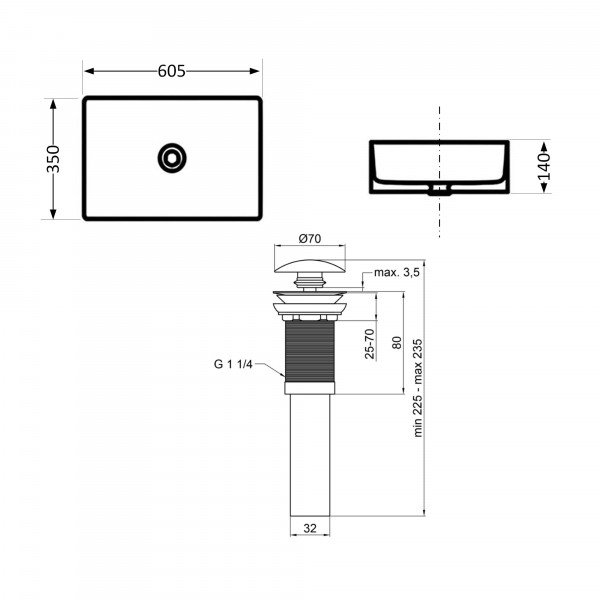 Раковина для ванной Раковина накладная Qtap Tern 610x350x135 мм, Stone grey, прямоугольная, с донным клапаном QTTER188SG49789