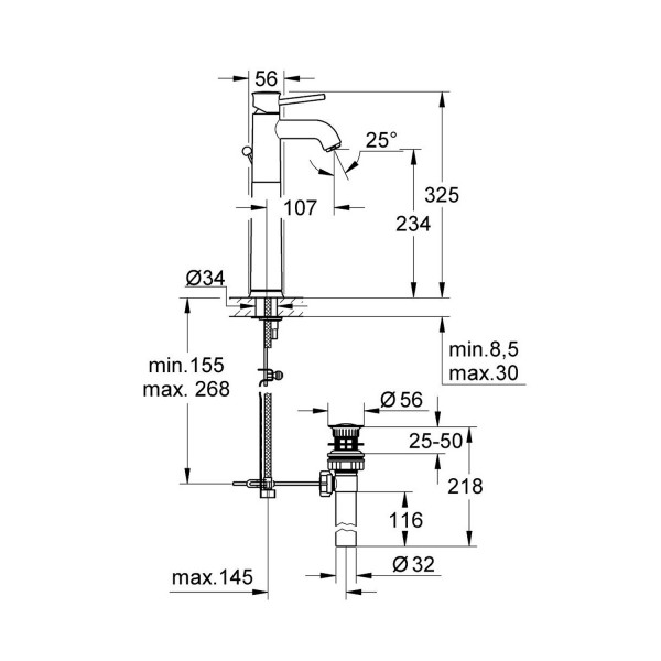 Смеситель для раковины Grohe BauClassic XL-Size 32868000 с донным клапаном