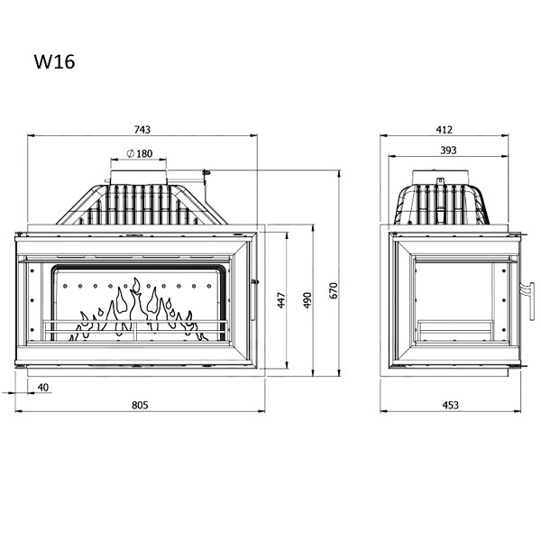 Камінна топка Kaw-met W16 13,5 kW з правим бічним склом