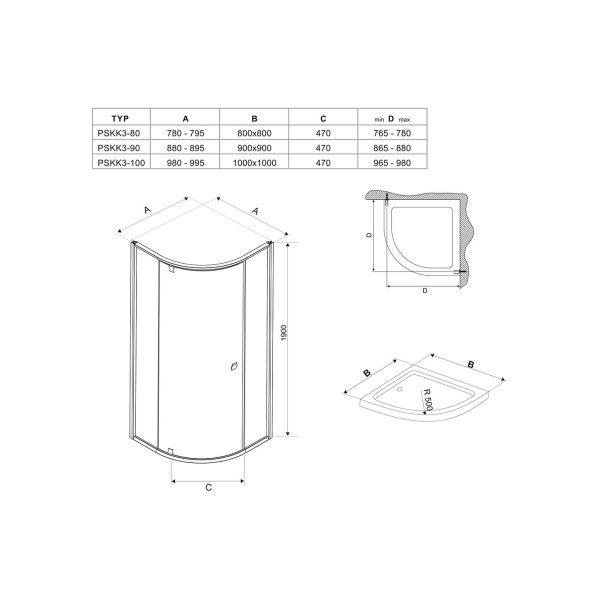 Душова кабіна Ravak PSKK3-90 Полірований алюміній TRANSPARENT (37677C00Z1)