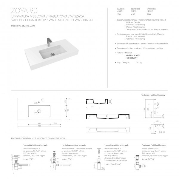 Раковина для ванної Marmorin Zoya 900 P_U_552_03_0900