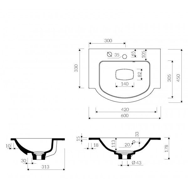 Раковина для ванної Marmorin Emma 600 P_U_027_01_0600