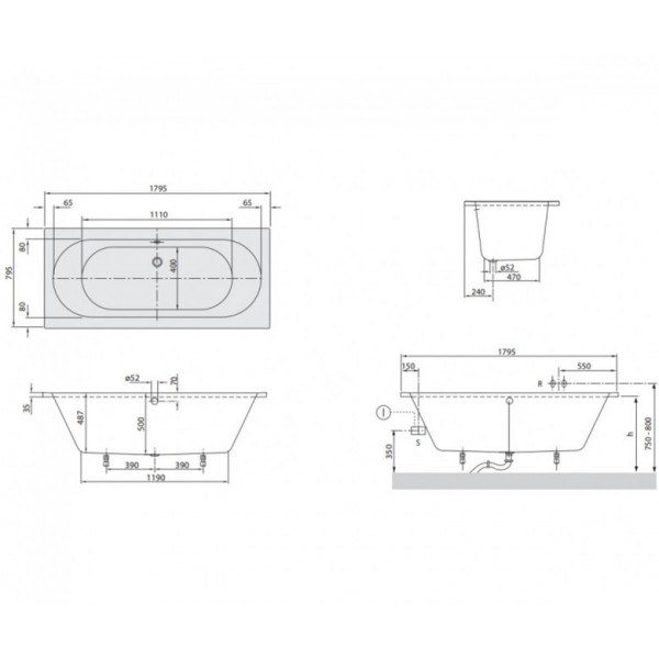 Ванна Villeroy Boch Cassandra Duo 1800 x 800 UBA180CAS2V-01