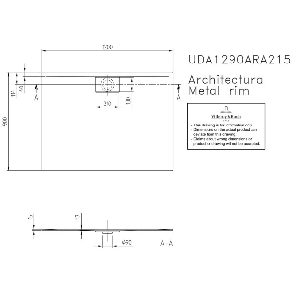 Душевий піддон Villeroy Boch Architectura Metalrim 120*90*15 UDA1290ARA215V-01