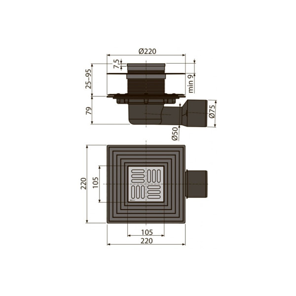 Трап Alcaplast 105х105/50/75 APV3344