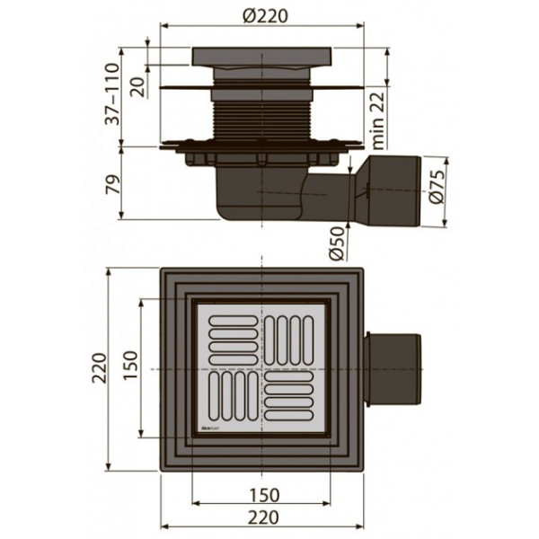 Трап Alcaplast 150x150/50/75 APV3444