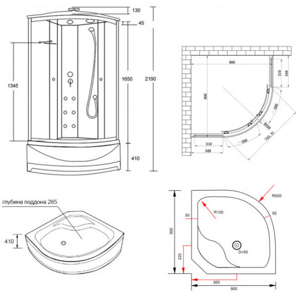 Гідромасажний бокс Lidz Majatek SBM90x90.BLA.HIGH.TR
