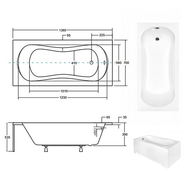 Ванна BESCO ARIA PLUS 140х70 (соло) з отв під ручки