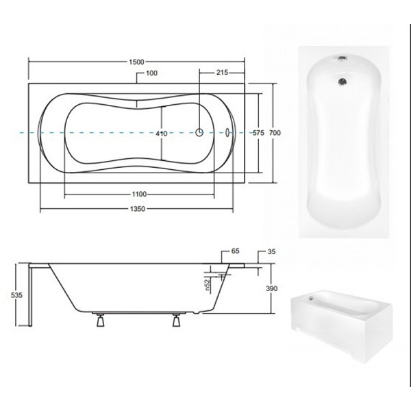 Ванна BESCO ARIA PLUS 150х70 (соло) з отв під ручки