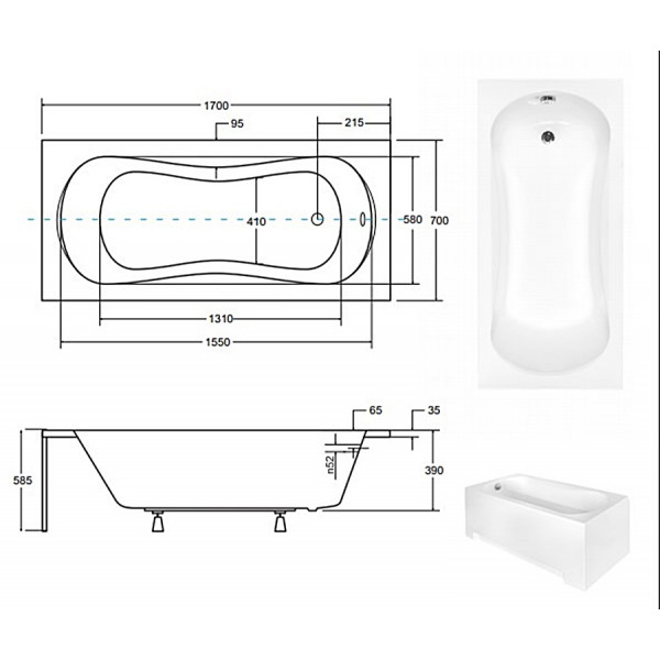 Ванна BESCO ARIA PLUS 170х70 (соло) з отв під ручки